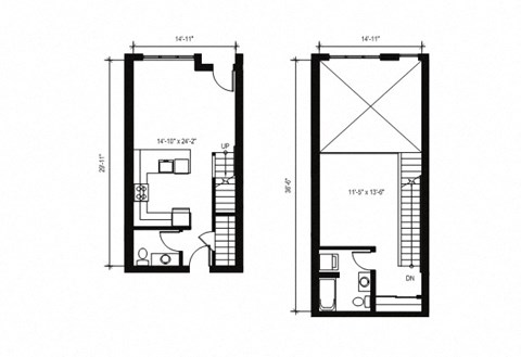 Floor plan for 1 bed, 1.5 baths, 809 sqft